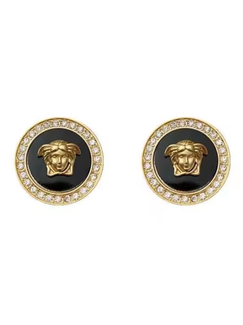 Versace Black and Gold Medusa Crystal Round Stud Earrings